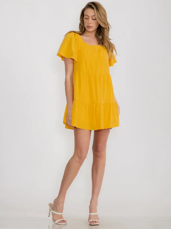 Women's Night-Out Outfit Premium Style WOMEN'S SHORT SLEEVE SQUARE NECK TIERED TUNIC MINI DRESS