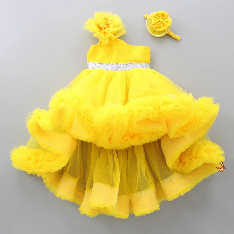 Women's Travel Apparel Cozy Comfort Style Sale One Shoulder Ruffle Hem High Low Yellow Dress With Matching Head Band