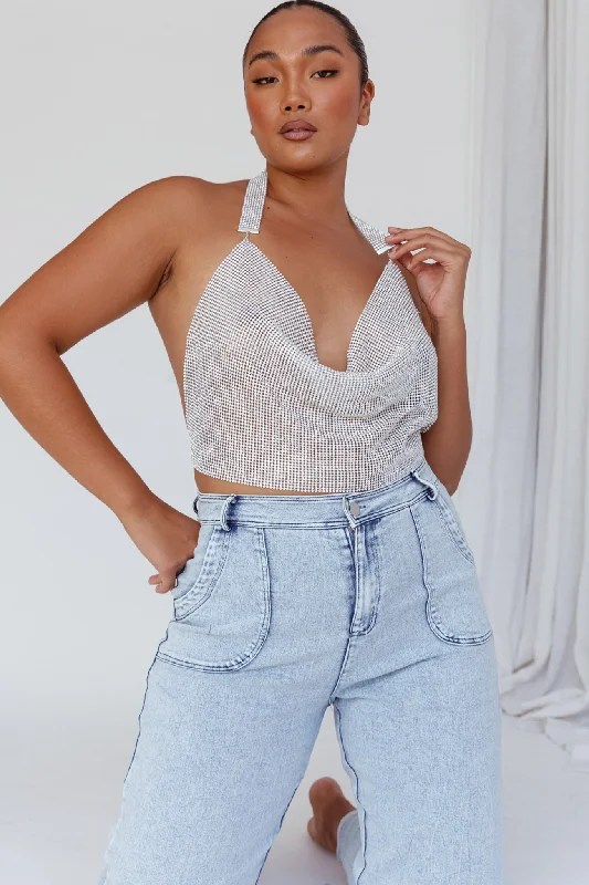 Chic Women's Outfit Crazy Price Slashing California Diamante Crop Vest Silver