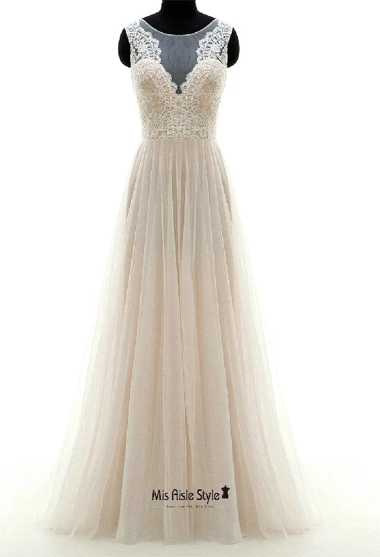 Women's Active Garments For Workouts Winter Warehouse Sale Champagne Illusion Lace Cheap Wedding Dress