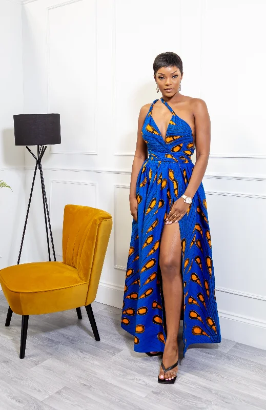 Women's Elegant Garments Sophisticated Street Style Offers African Print Blue Infinity Multiway Maxi Dress - ELLA