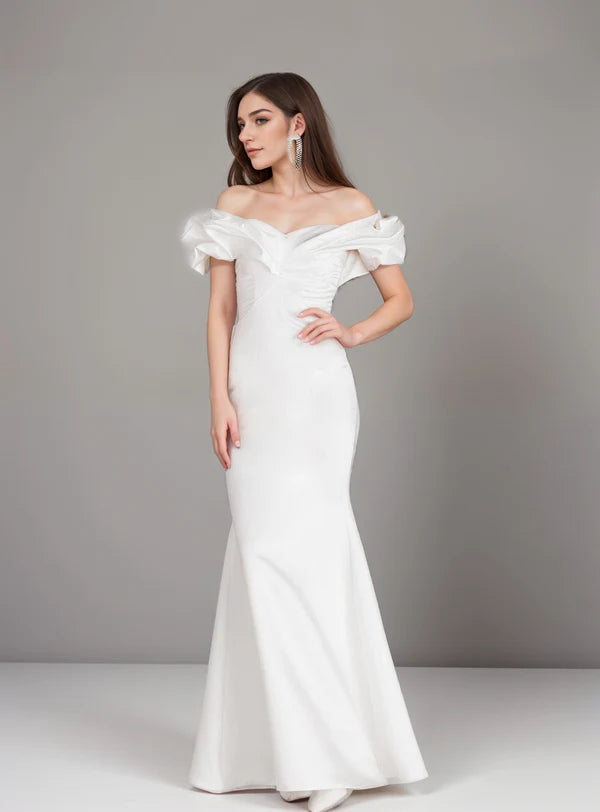 Women's Chic Outfit Limited Time Flash Sale Elegant ruffled off the shoulder trumpet Italy silky satin simple wedding dress little white dress