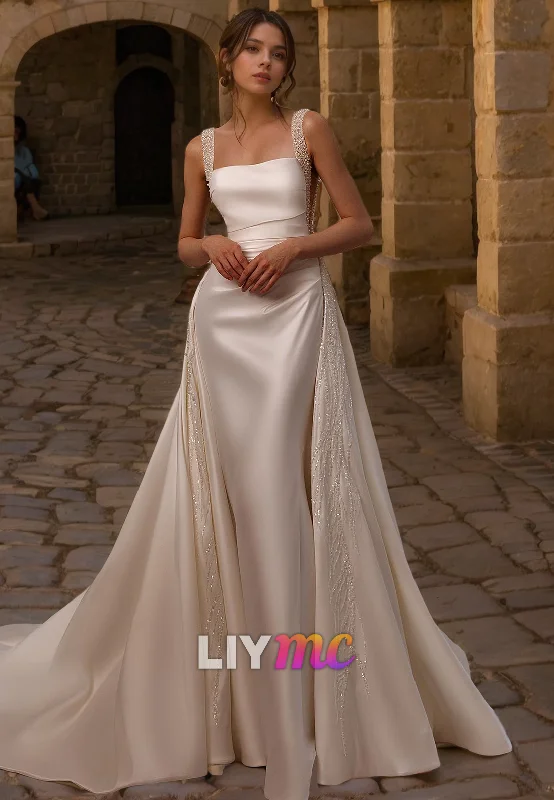 Women's Comfortable Lounge Garments Forward Trendsetter LW712 - Square Sleeveless Beaded Sleek Satin Mermaid Sweep Train Wedding Dress Women's Comfortable Lounge Garments Forward Trendsetter LW712 - Square Sleeveless Beaded Sleek Satin Mermaid Sweep Train Wedding Dress