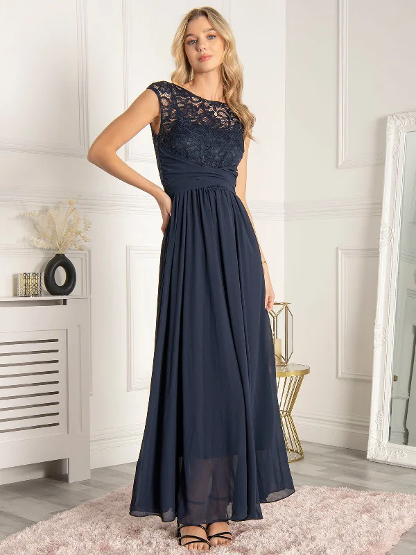 Women's Clothing Season Offer Lace Bodice Chiffon Maxi Bridesmaid Dress, Navy