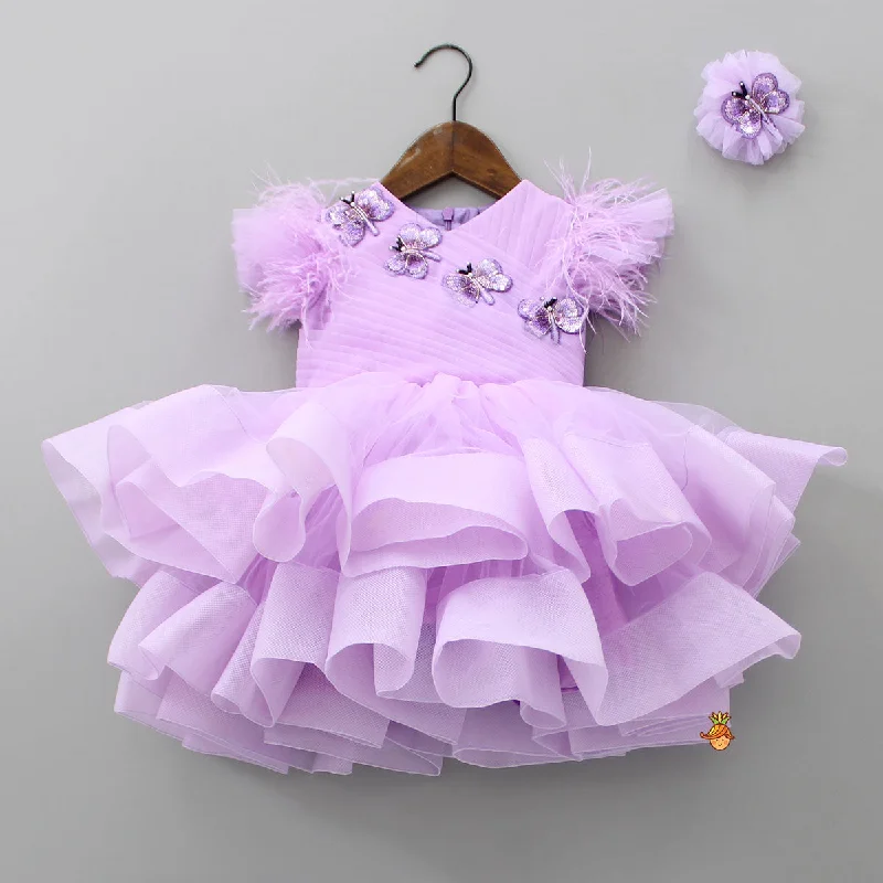 Women's Seasonal Garments Boutique Styles Lovely Butterfly Purple Net Ruffled Dress With Matching Hair Clip Women's Seasonal Garments Boutique Styles Lovely Butterfly Purple Net Ruffled Dress With Matching Hair Clip