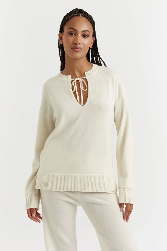 Women's Resort Apparel Seasonal Picks Cream Cashmere Tie Neck Sweater
