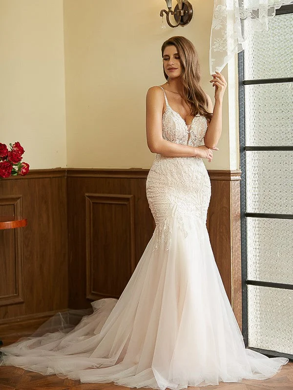 Tailored Clothing For Women Style Without Limits Trumpet/Mermaid Tulle Lace V-neck Sleeveless Cathedral Train Wedding Dresses