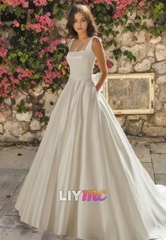 Women's Sporty Clothes Fashion Sale Square Sleeveless Pleated A-Line Wedding Dress
