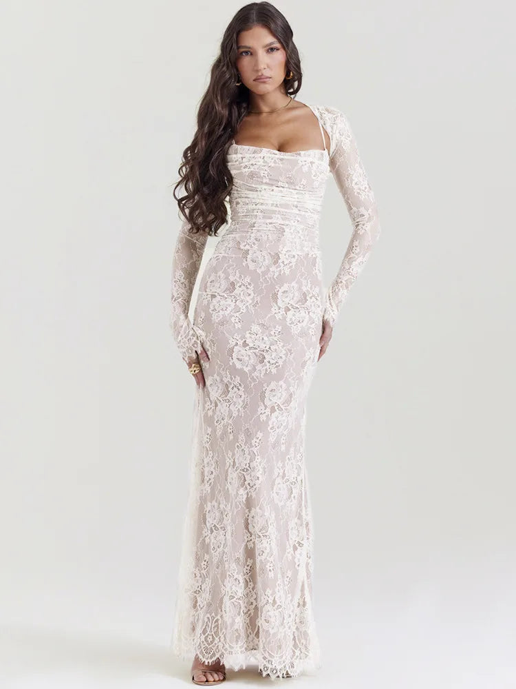 Women's Elegant Clothing Sets New Styles Just In FashionSierra - Lace Print Maxi Dress Set Spaghetti Strap Long Sleeve Lace Dress Women's Elegant Clothing Sets New Styles Just In FashionSierra - Lace Print Maxi Dress Set Spaghetti Strap Long Sleeve Lace Dress