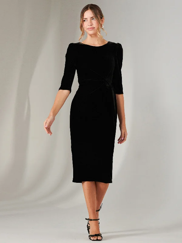 Women's Elegant Clothes Cool Prices Velvet Side Tie Midi Dress, Black
