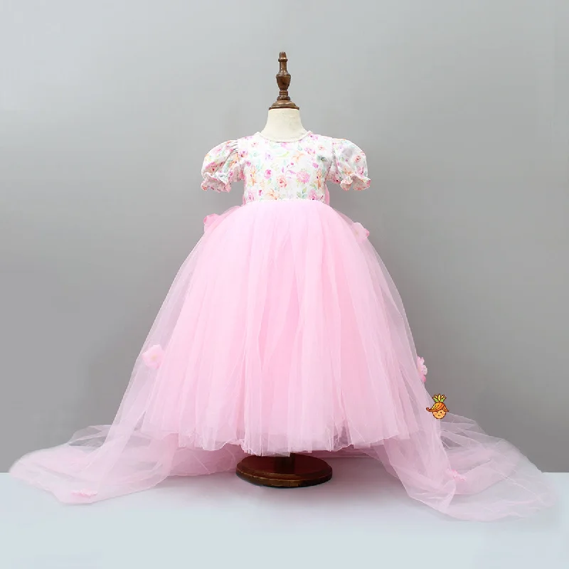 Women's Fashion Clothes Hot Items Pink Floral Printed And Pearl Detailed Gown With Detachable Trail Women's Fashion Clothes Hot Items Pink Floral Printed And Pearl Detailed Gown With Detachable Trail
