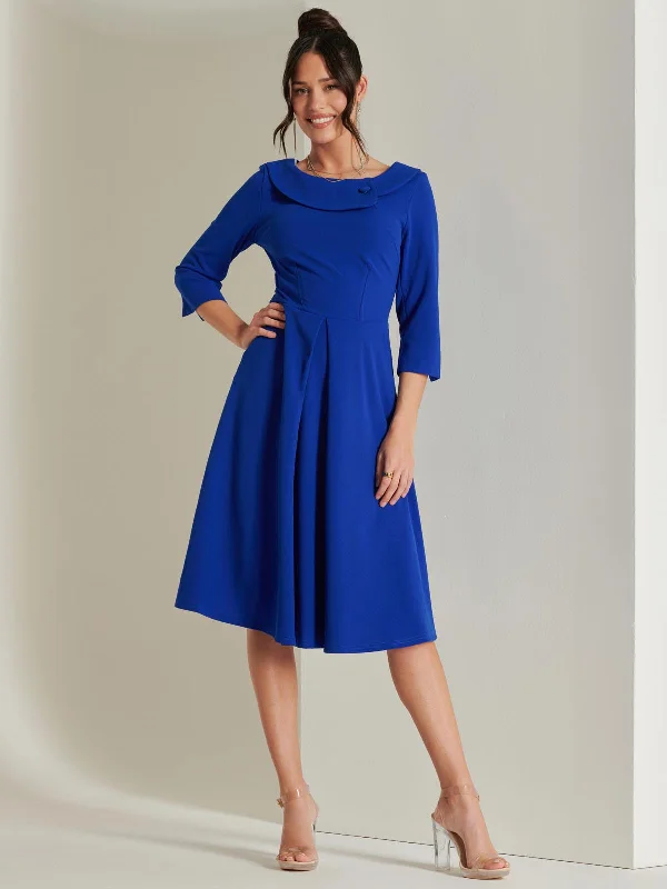 Women's Classic Attire Limited Time Offer Fold Neckline Sleeved Midi Dress, Royal Blue