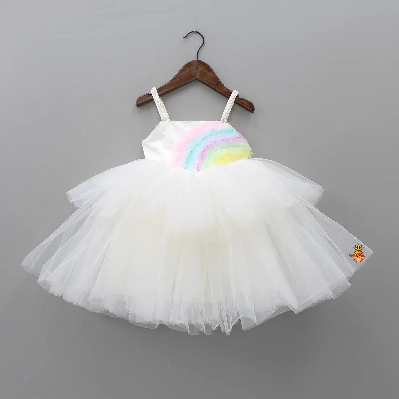 Women's Chic Outfit Trend Forward Threads Rainbow and Pearl Detailed White Party Dress