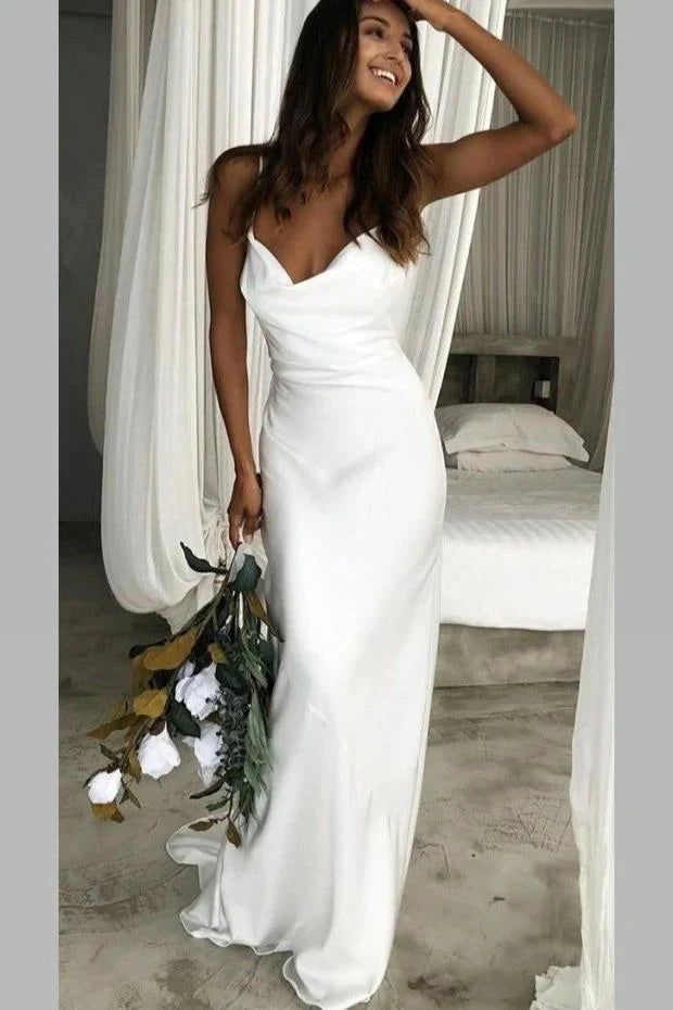 Women's Date Night Outfit Holiday Attire Sale Elegant Mermaid Cowl Neckline White Simple Wedding Dresses