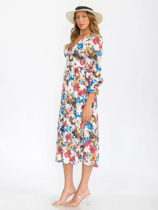 Charming Everyday Clothing For Women Edgy Fashion Deals WOMEN'S 3/4 SLEEVES V-NECK ELASTIC WAIST FLORAL PRINT MIDI DRESS Charming Everyday Clothing For Women Edgy Fashion Deals WOMEN'S 3/4 SLEEVES V-NECK ELASTIC WAIST FLORAL PRINT MIDI DRESS