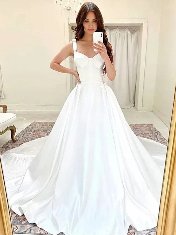 Women's Vintage-Inspired Clothing Feminine Luxe Style Sale A-Line/Princess Satin Ruffles Straps Sleeveless Court Train Wedding Dresses