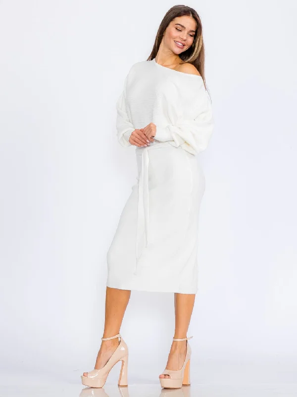 Women's Clothing For Work Limited Styles WOMEN'S LONG SLEEVE SELF TIE RIBBED BODYCON MIDI DRESS
