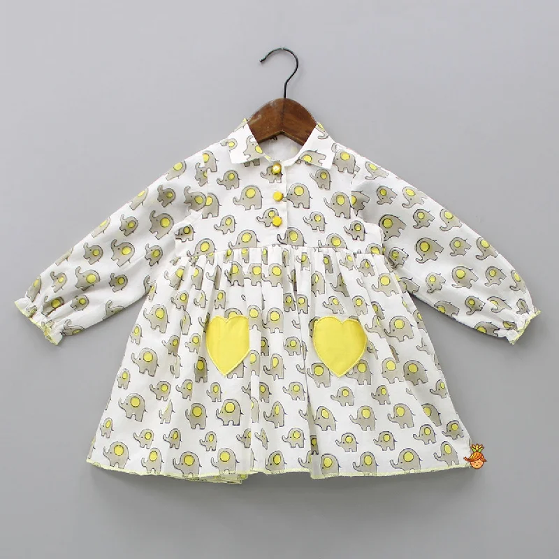 Women's Travel Garments Premium Style Offers Elephant Print Dress With Heart Shaped Pocket