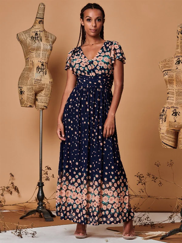 Comfortable Lounge Clothing Chic Trend Collection Mirrored Floral Print Mesh Maxi Dress, Navy Multi