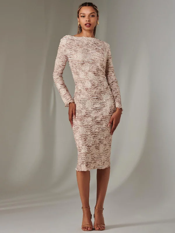 Women's Casual Wear Clothes Unleash Your Fashion Long Sleeve Textured Midi Dress, Beige Abstract