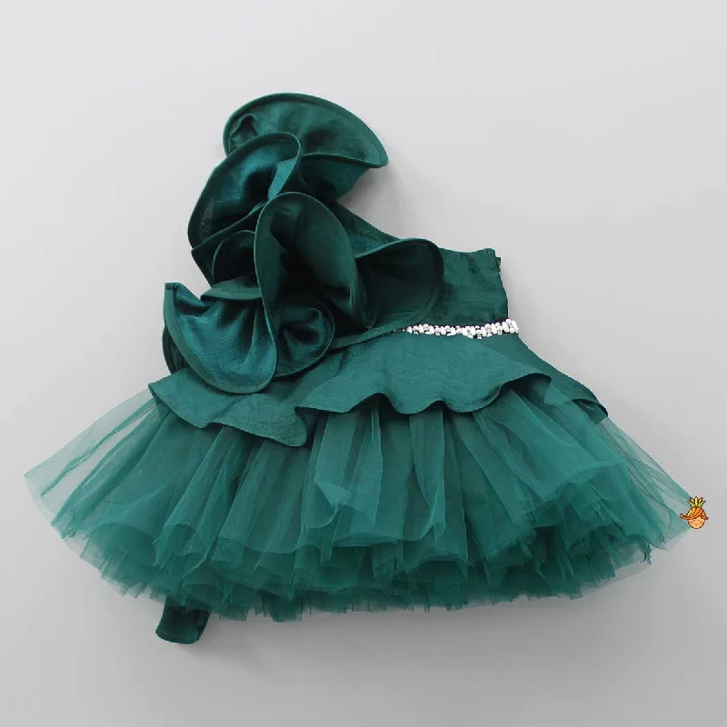 Women's Fashionable Attire For Work Chic Style, Always In Vogue Charming Green Ruffled One Shoulder Dress Women's Fashionable Attire For Work Chic Style, Always In Vogue Charming Green Ruffled One Shoulder Dress