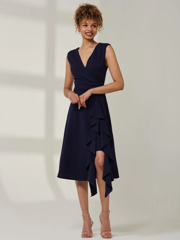 Women's Travel Attire Top Deals Qiana Ruffle Detail Midi Dress, Navy