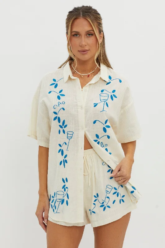 Women's Classic Attire Big Savings Ciao Ciao Embroidered Button-Up Shirt Beige