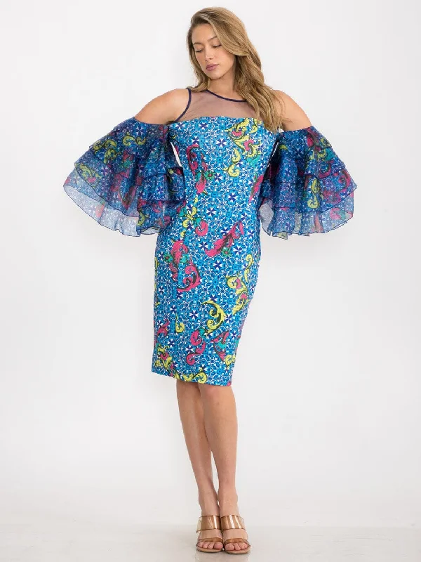 Women's Transitional Attire Sleek Style Discounts WOMEN'S COLD SHOULDER SHORT RUFFLE SLEEVE MULTI PRINT MIDI DRESS