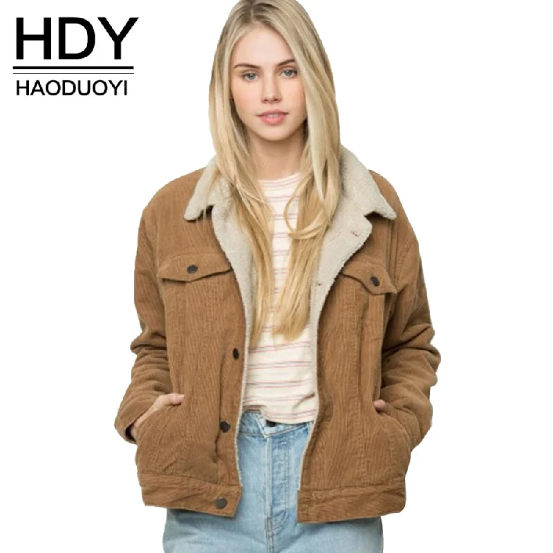 Casual Outfit For Women HDY Haoduoyi Winter Casual  Brown Corduroy Long Sleeve Turn-down Collar Jacket Single Breasted Basic Women Warm Coat