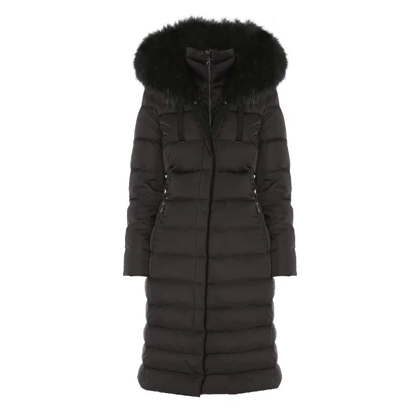 Women's Transitional Garments T Tahari Women's Black Nelly Maxi Puffer Coat Hooded Faux Fur Trim