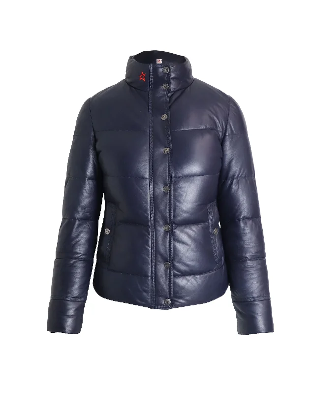 Timeless Women's Apparel Perfect Moment Quilted Puffer Jacket in Navy Blue Lambskin Leather