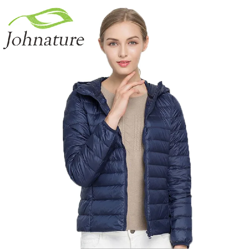 Women's Formal Apparel Johnature 2018 Hooded 90% White Duck Jacket Autumn Winter 12 Colors New Warm Slim Zipper Women Fashion Light Down Coat S-3XL