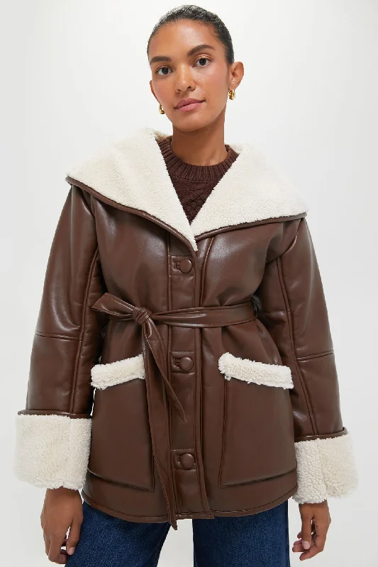 Women's Apparel Brown and Ivory Vegan Leather Bonded Faux Fur Jacket