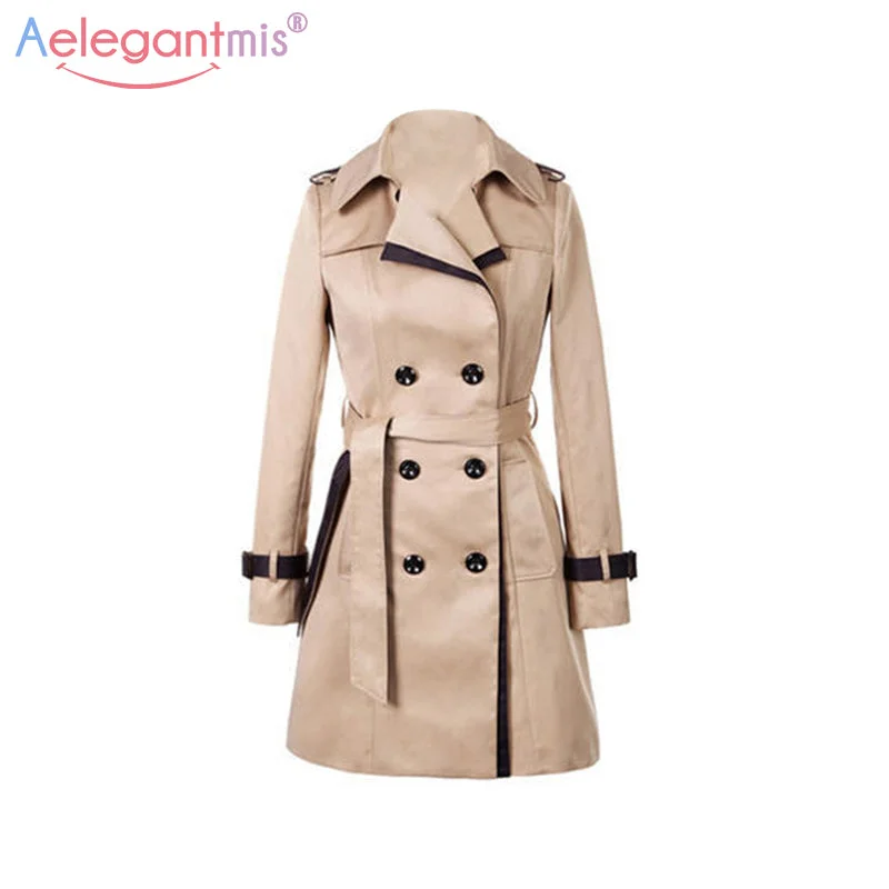 Modern Women's Apparel Aelegantmis 2018 Autumn Women Double Breasted Long Trench Coat Khaki With Belt Classic Casual Office Lady Business Outwear Fall