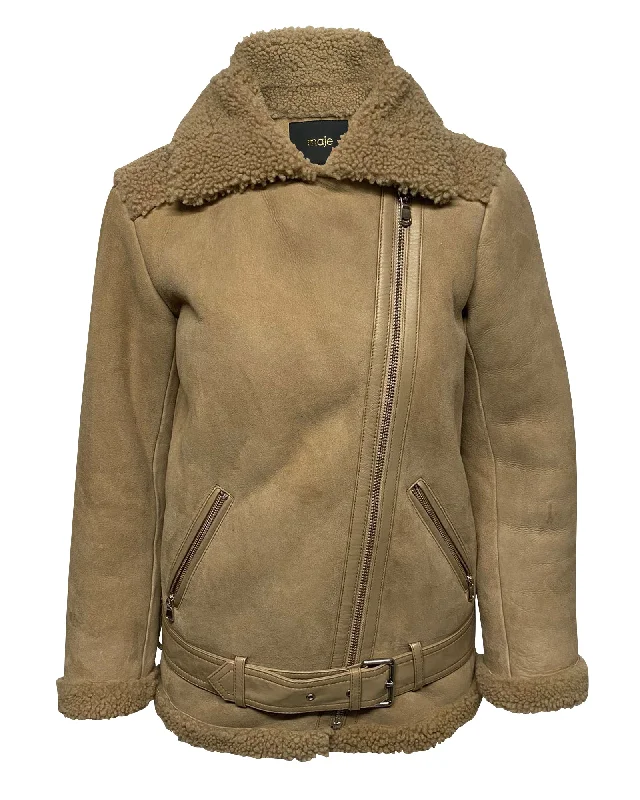 Timeless Women's Outfit Maje Gombery Shearling Jacket in Beige Suede