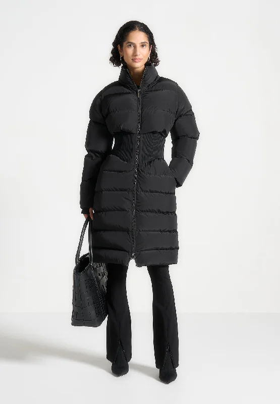 Women's Layered Outfit Corset Detail Longline Puffer Coat - Black