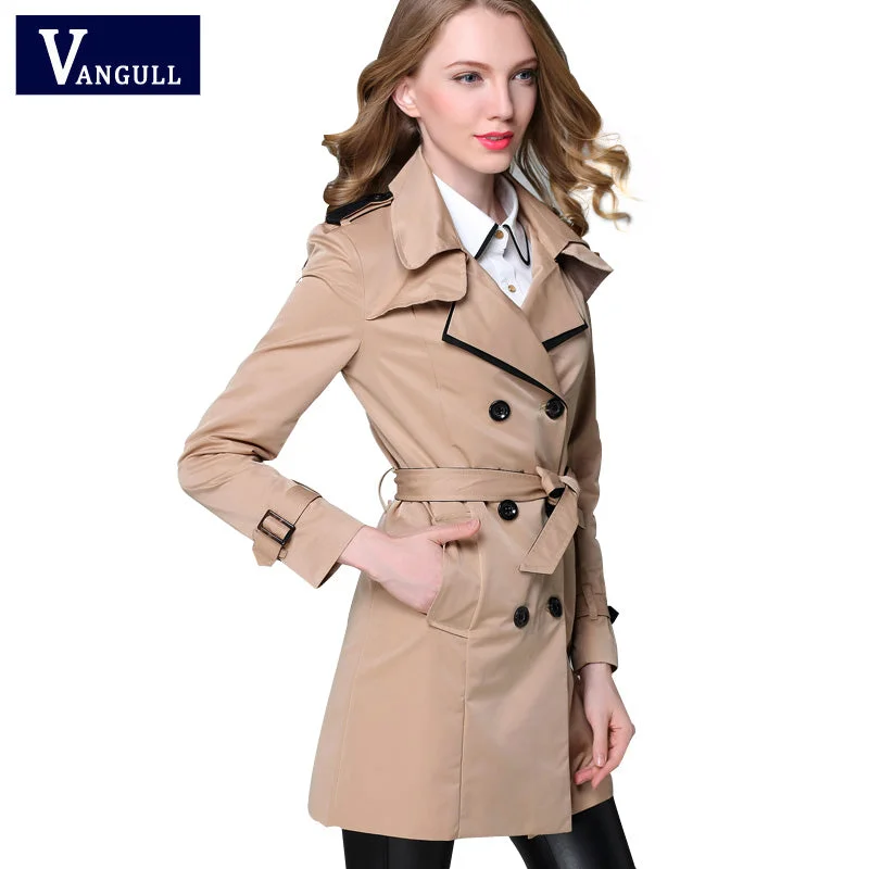 Stylish Women's Garments VANGULL 2017 New Fashion Designer Brand Classic European Trench Coat khaki Black Double Breasted Women Pea Coat real photos