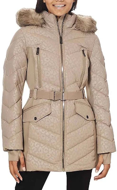 Affordable Women's Garments Michael Michael Kors Women's Logo Lepaord Belted Hood Puffer Coat Taupe