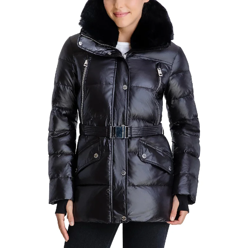 Comfortable Women's Clothes Michael Kors Black Shiny Down Belted Faux Fur Collar Quilted Coat Jacket