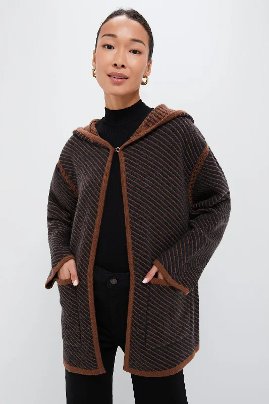 Women's Trendy Garments Dark Grey and Camel Stripes Cashmere Wool Blend Twill Coat