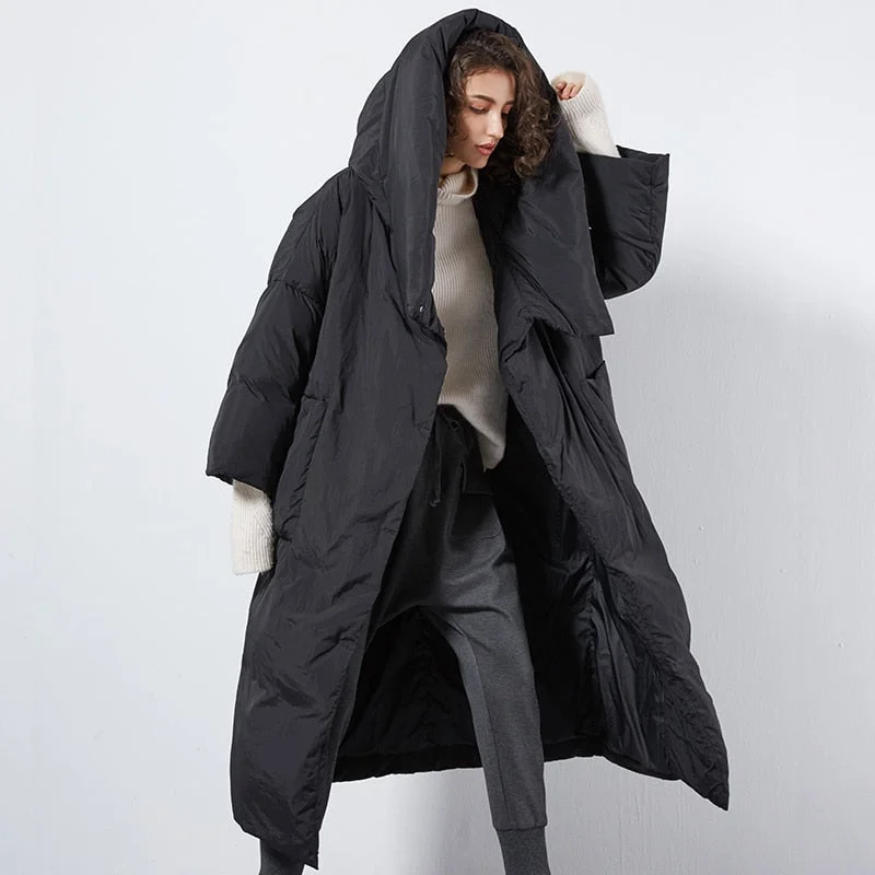 Plus-Size Women's Clothing XS-7XL Plus size Winter good quality over the knee longer duck down coat female single breasted hooded warm down coats wq124