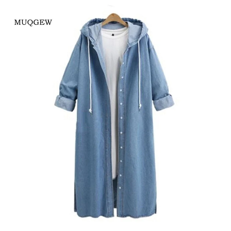 Women's Professional Apparel Fashion Women Hooded Casual Long Sleeve Wide-waisted Solid Denim Jacket Long Jean Coat Outwear Overcoats