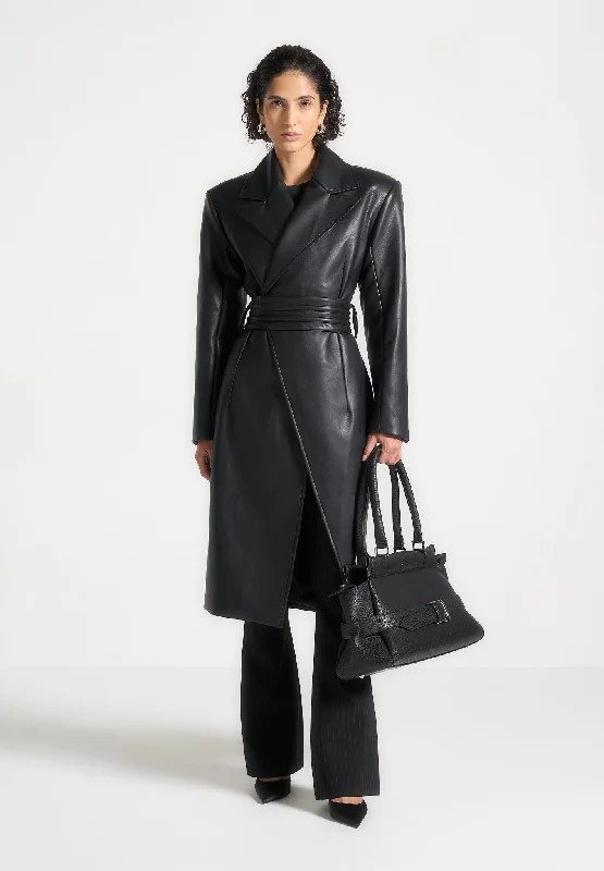 Chic And Affordable Fashion – Shop Now And Save Leather Asymmetric Belted Coat - Black