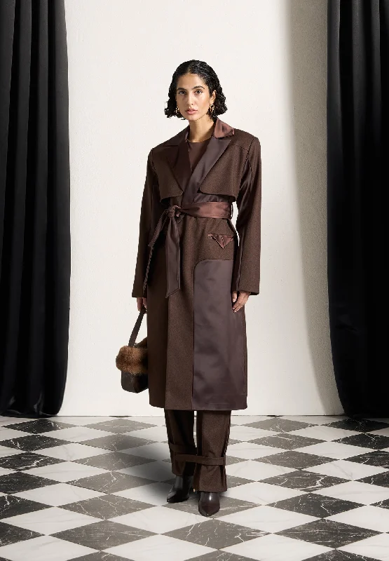 Women's Functional Apparel For Outdoor Activities Tailored Satin Trench Coat - Brown