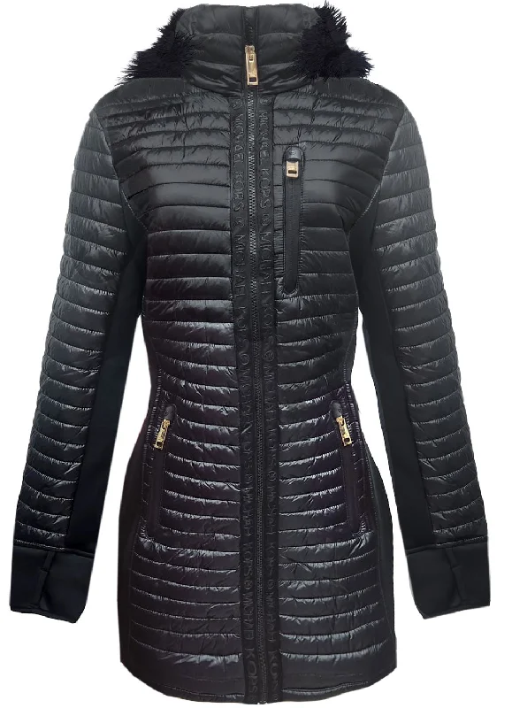 Plus-Size Women's Garments Michael Michael Kors Women Black Quilted Mixed Media Faux Fur Hood 3/4 Coat