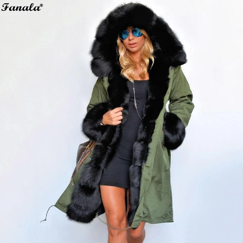 Trendy Clothing, Unbeatable Disco FANALA 2018 Fashion Women's  Faux Fur Lining Hooded Long Coat Parkas Outwear Army Green Large Raccoon Fur Collar Winter Jacket