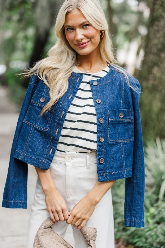 Vintage-Inspired Women's Apparel Talk About It Blue Denim Jacket