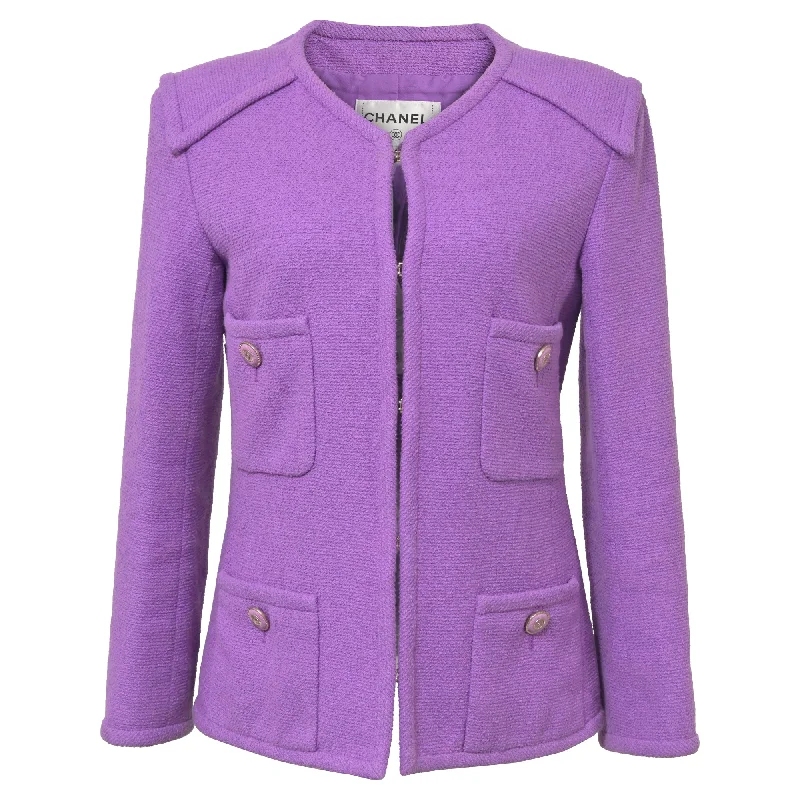 Women's Vacation Clothes Chanel CC Button Four Pockets Jacket in Purple Tweed