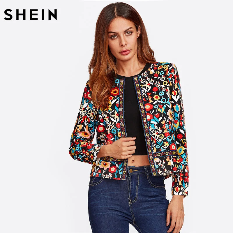 Women's Outerwear Garments SHEIN Press Button Placket Botanical Jacket Autumn Jacket for Women Multicolor Collarless Single Breasted Elegant Jacket