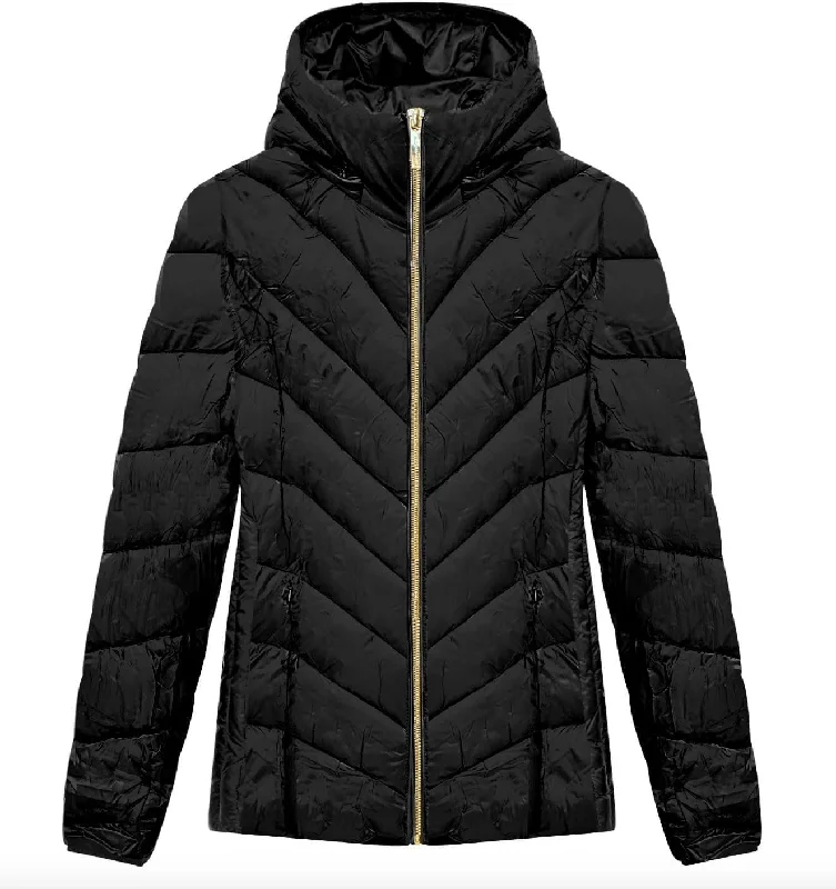 Women's Chic Apparel Michael Michael Kors Women's Black Chevron Quilted Short Packable Jacket Coat